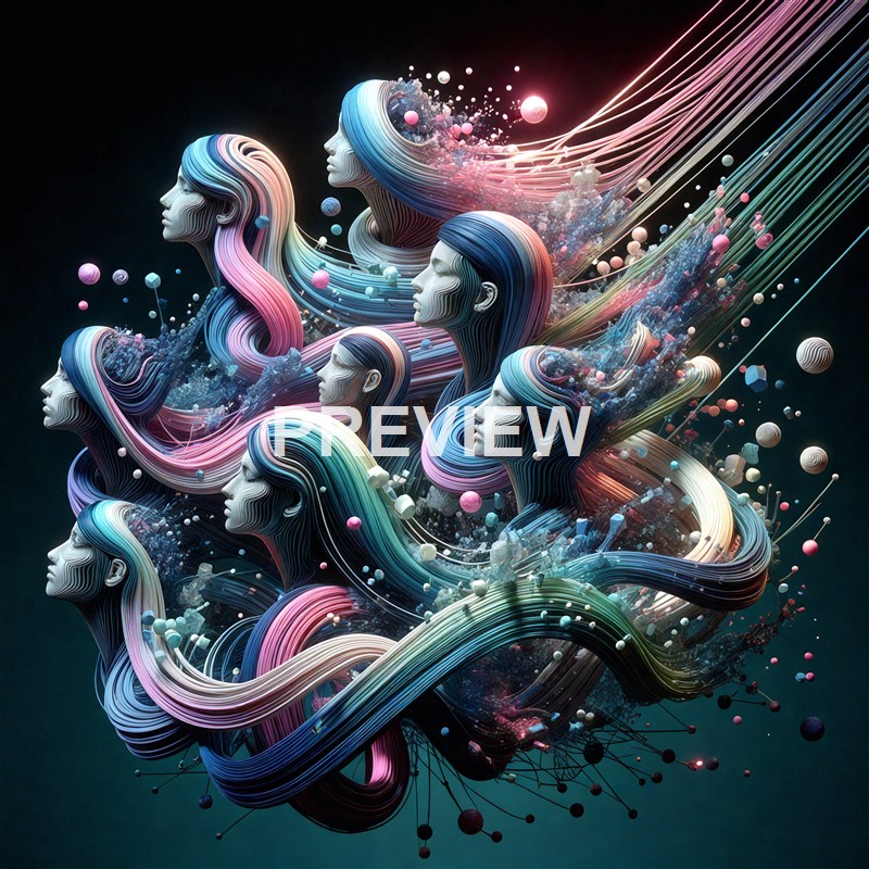 A digital artwork featuring multiple female profiles with flowing, colorful hair intertwined with abstract elements and floating spheres against a dark background.